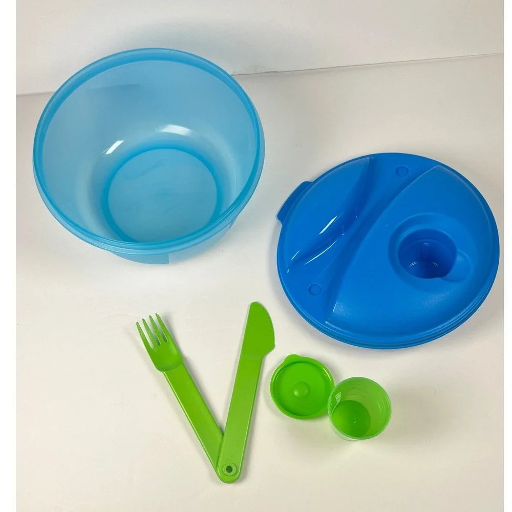 Tupperware Salad On the Go Complete Set Blue Green Fork and knife Lunch Kit